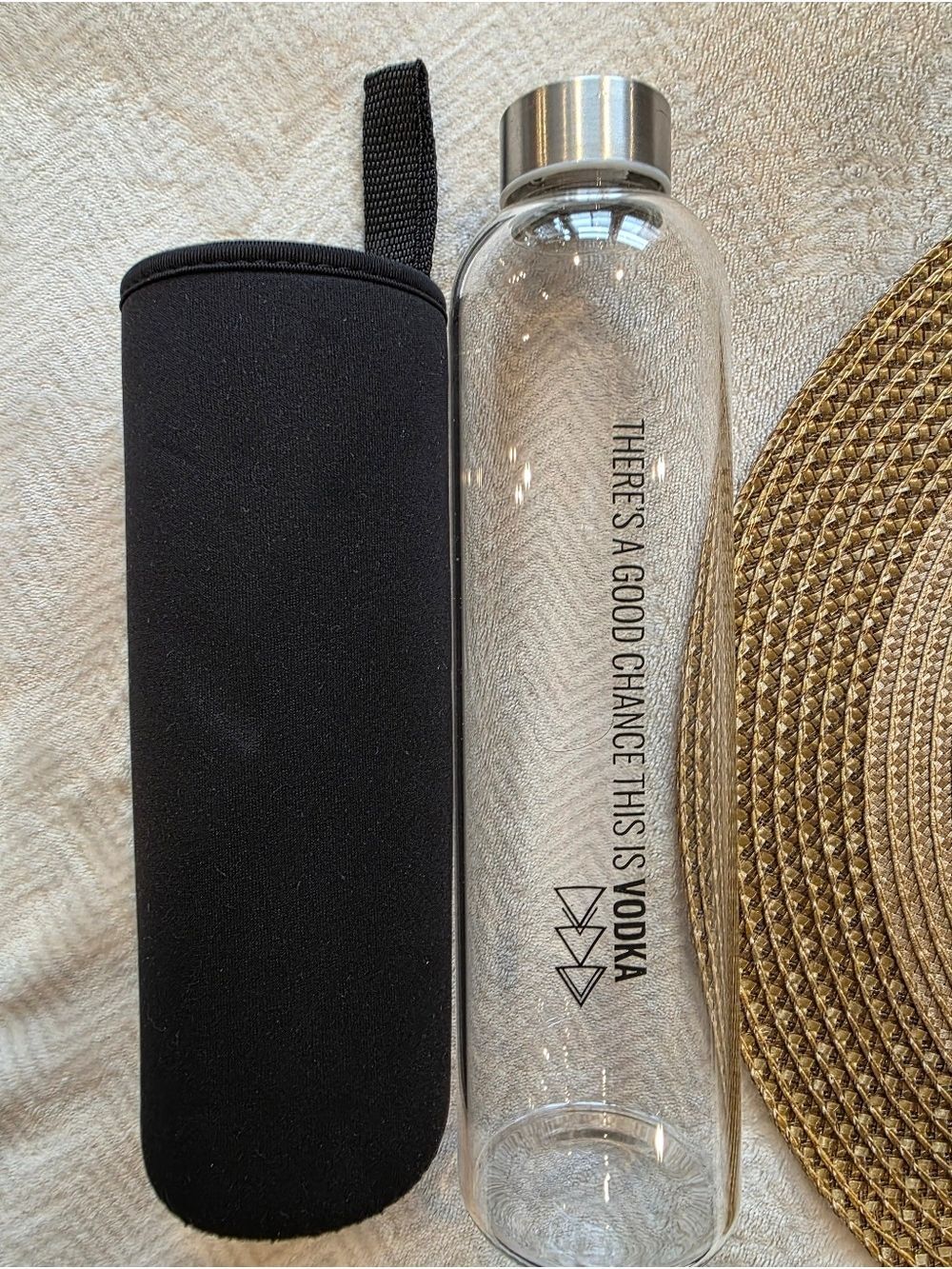 Glass Reusable Water Bottle And Holder - There Is A Good Chance This Is Vodka